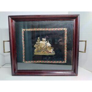 Antique Needlepoint Under Plexiglas Frame Vanity Tray Folk Art Asian Countryside